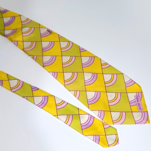 Peter Max Silk Tie Yellow Chartreuse Pink Geometric Shapes Vintage Rare Retro - Picture 3 of 10